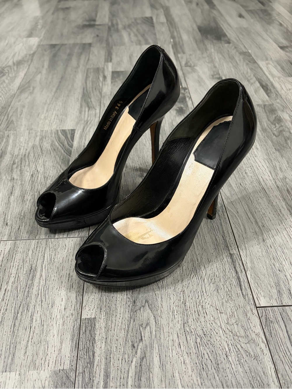 Dior Black Patent Miss Dior Peep-Toe Stiletto Pumps